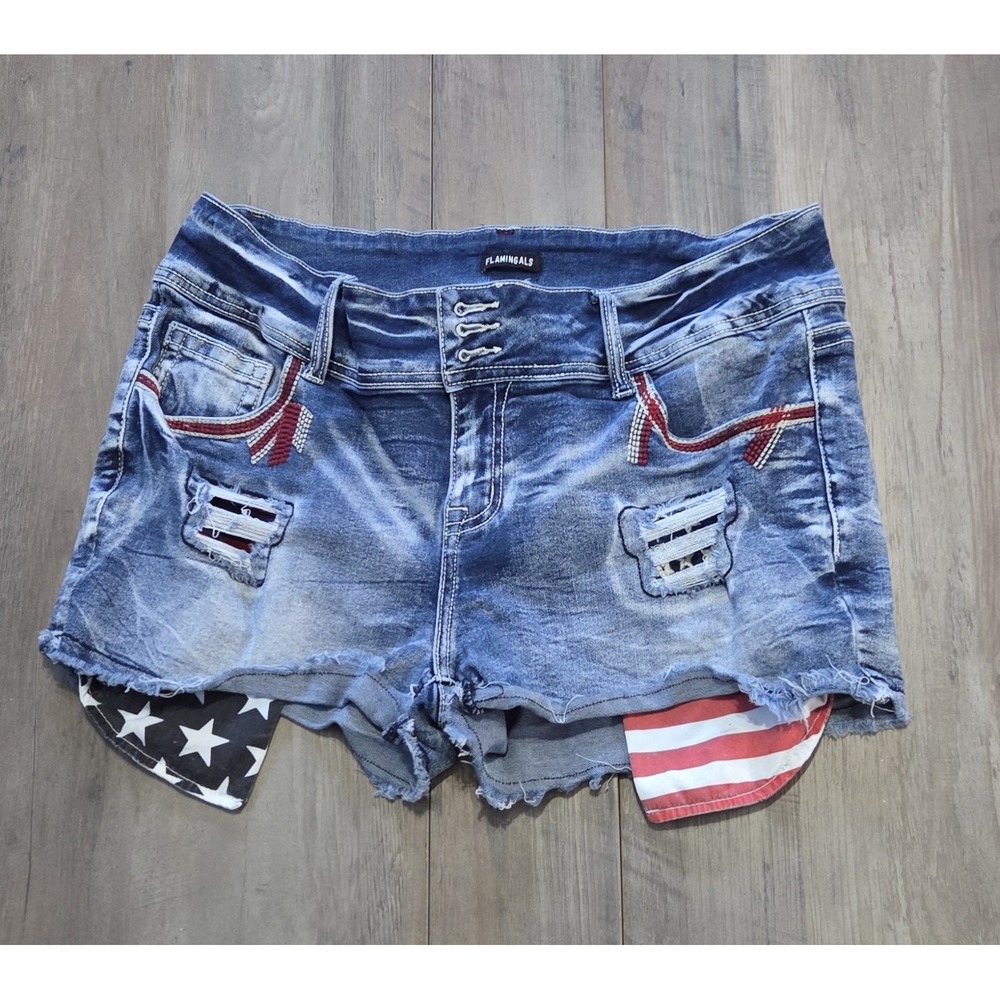 Flamingals Distressed Blue Denim Shorts Stars & Stripes USA Women Sz XXL Patriot